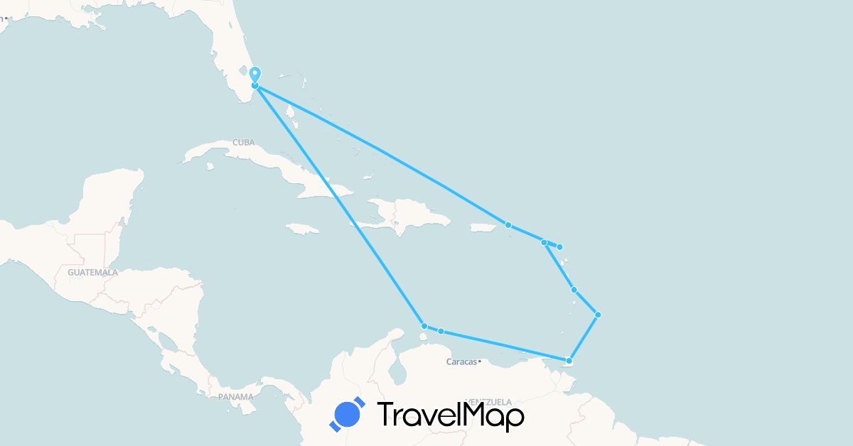 TravelMap itinerary: boat in Antigua and Barbuda, Barbados, France, Saint Kitts and Nevis, Netherlands, Trinidad and Tobago, United States (Europe, North America)